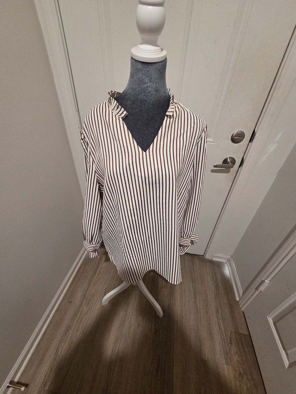 Striped V-Neck Long Sleeve Women's Top in Cream and Brown